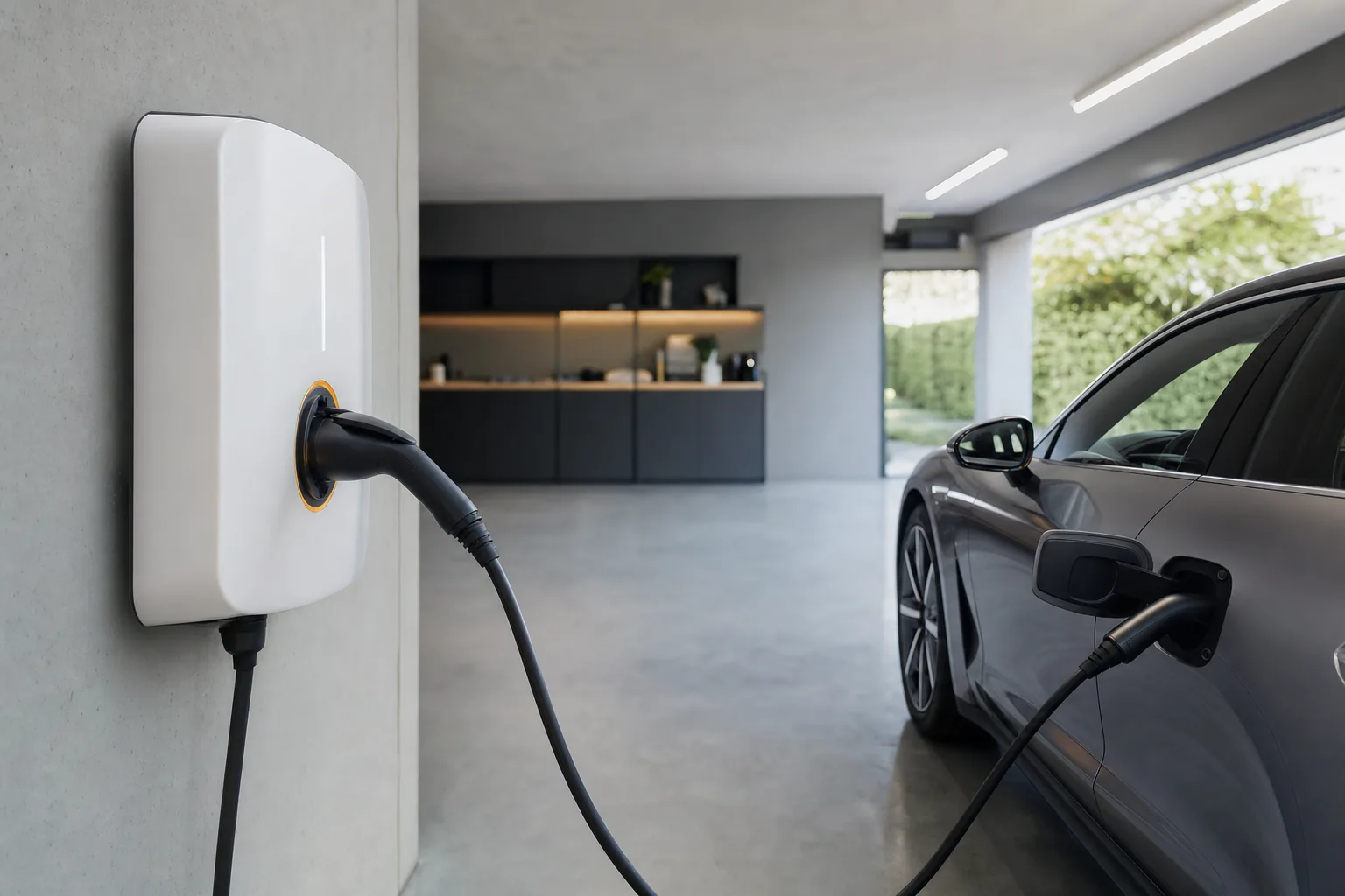 Borne de recharge murale blanche reliée à un véhicule électrique dans un garage moderne