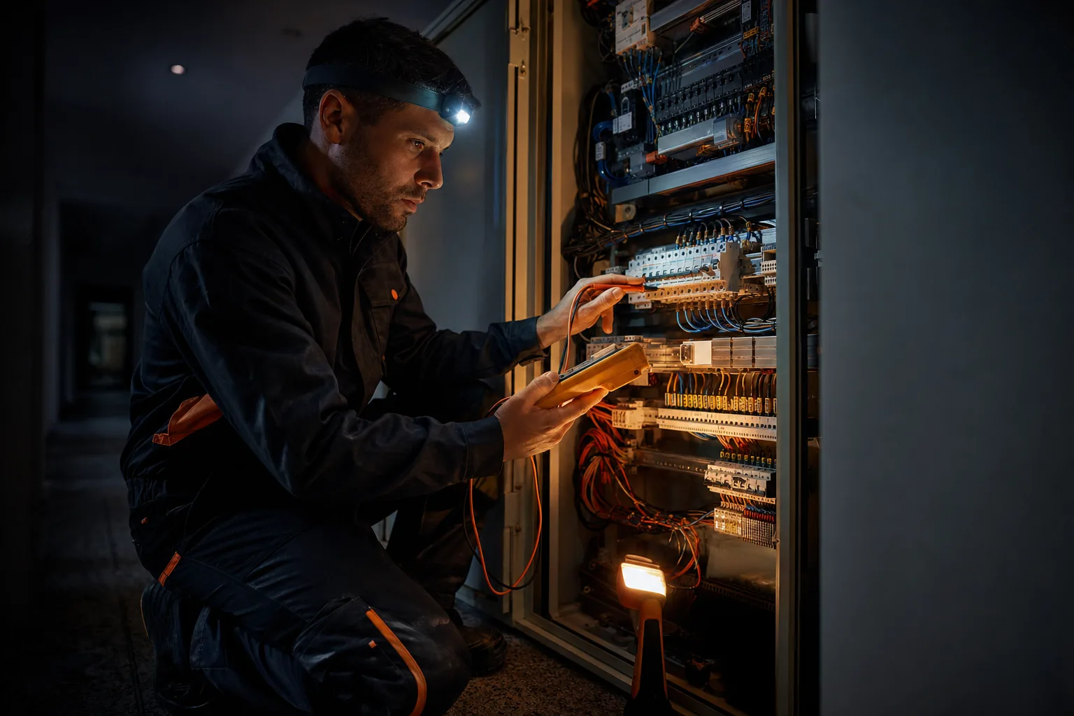 Électricien intervenant de nuit sur une armoire électrique à la lampe frontale