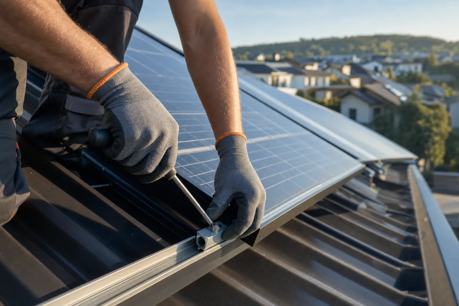 Technicien fixant un panneau photovoltaïque sur un rail de montage en toiture